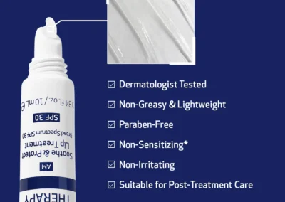 Obagi Lip Therapy AM is dermatologist test, non-greasy, lightweight, paraben-free, non-sensitizing, non-irritating, suitable for post-treatment care