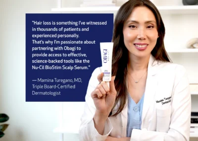 Obagi Nu-Cil BioStim Scalp Serum testimonial from Mamina Turegano MD, Triple Board-Certified Dermatologist, praising it as an effective, science-backed tool for dealing with hair loss